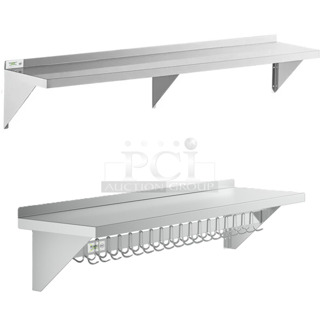 2 BRAND NEW SCRATCH AND DENT! Items; Regency 600WS1272 18 Gauge Stainless Steel 12" x 72" Solid Wall Shelf and Regency 600PS1560 15" x 60" Stainless Steel Wall Mounted Pot Rack with Shelf and 18 Galvanized Hooks. 2 Times Your Bid! May Be Missing Pieces. 
