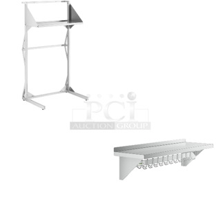 2 BRAND NEW SCRATCH AND DENT! Items; Regency 600SALSTAND Salamander Broiler Stand and Regency 600PS1548 15" x 48" Stainless Steel Wall Mounted Pot Rack with Shelf and 18 Galvanized Hooks. 2 Times Your Bid! May Be Missing Pieces. 