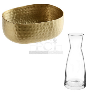 2 BRAND NEW SCRATCH AND DENT! Boxes; Box of 4 American Metalcraft ABHG46 25 oz. Gold Hammered Aluminum Oval Serving Bowl and Box of Bormioli Ypsilon Carafe. 2 Times Your Bid! 