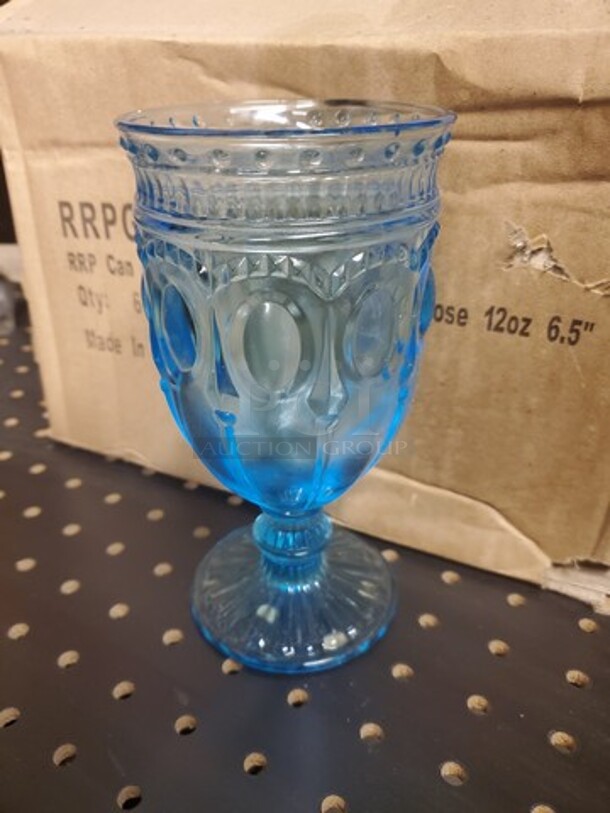ALL ONE MONEY Lot of 6 12oz Aquamarine Footed All Purpose glass - Image 1 of 7