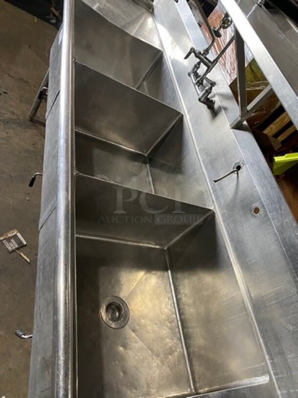 Commercial 3 Compartment Dish Washing Sink! With Overhead Shelf! With Jet Spray Assembly! With Dual Side Drain Board! With Back Splash! All Stainless Steel! On Legs! - Image 5 of 9