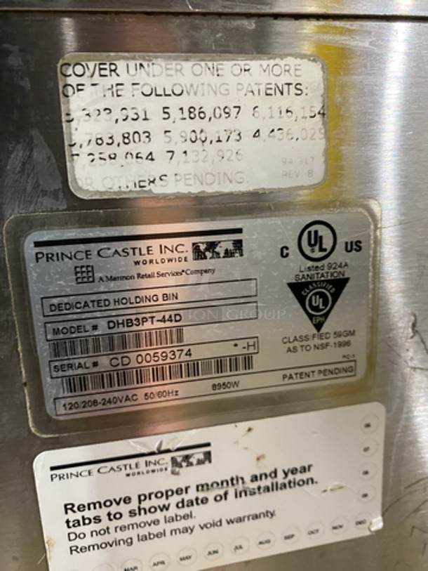 Prince Castle Commercial Electric Powered Food Warmer/ Dedicated Holding Bin! All Stainless Steel! Model: DHB3PT-44D SN: CD0059374 120/208/240V 60HZ - Image 8 of 9