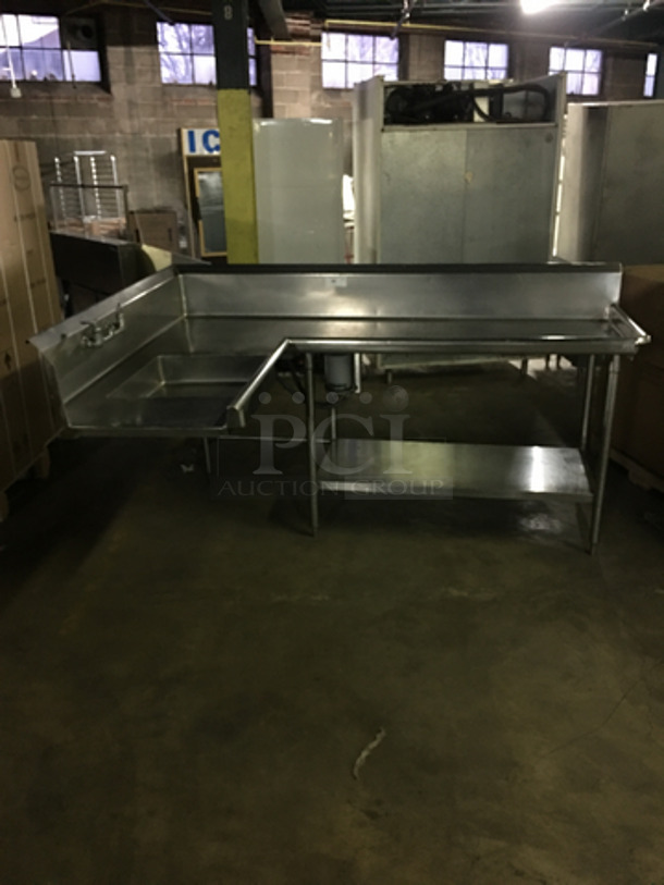 GREAT FIND! All Stainless Steel Single Bay Hand Sink/ Worktable! With Backsplash! With Handles! With Underneath Storage Space! On Legs! Can Connect To Operating Dishwasher! - Image 1 of 8