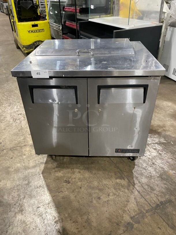 True Commercial Refrigerated Mega Top Sandwich Prep Table! With 2 Door Refrigerated Storage Underneath! All Stainless Steel! With Poly Coated Racks! On Casters! 115V 1 Phase! Model: TSSU-36-08 SN: 8815688! - Image 1 of 8