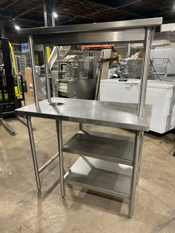 NICE! Commercial Work Top/ Prep Table! With Overhead Shelf! With Trash Deposit Hole! With Shelf Storage Space Underneath! Solid Stainless Steel! On Legs! - Image 3 of 9