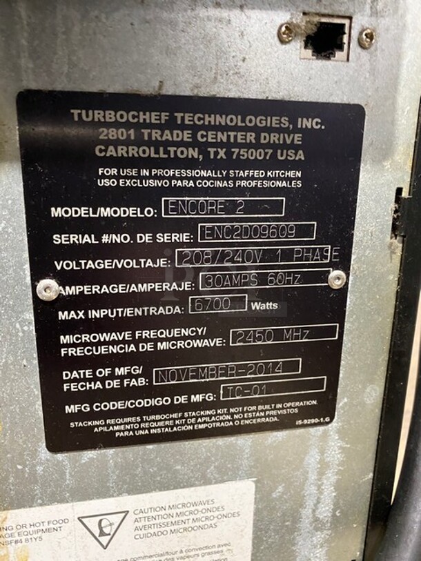 2014 Turbo Chef Commercial Countertop Rapid Cook Oven! On Small Legs! Model: ENCORE2 SN: ENC2D09609 208/240V 1 Phase - Image 5 of 5