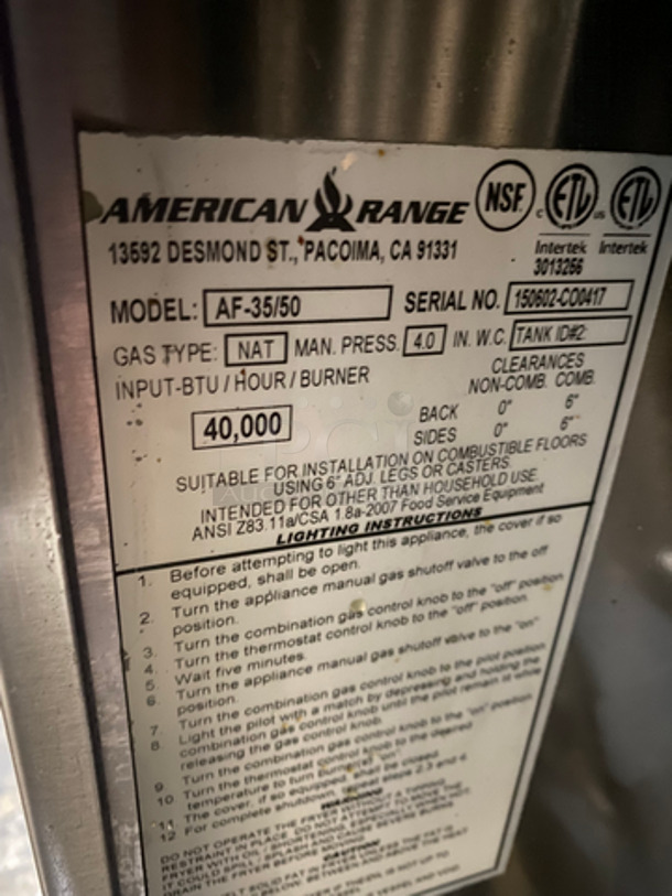 American Range Commercial Natural Gas Powered Deep Fat Fryer! With Backsplash! All Stainless Steel! On Legs! Model: AF-35/50 SN: 150602CO0417 - Image 7 of 8