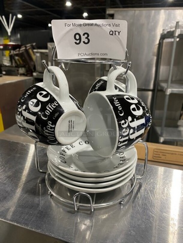 Black And White Coffee Mug Set! Includes Mug And Saucer Holder! MISSING 1 MUG! - Image 1 of 7