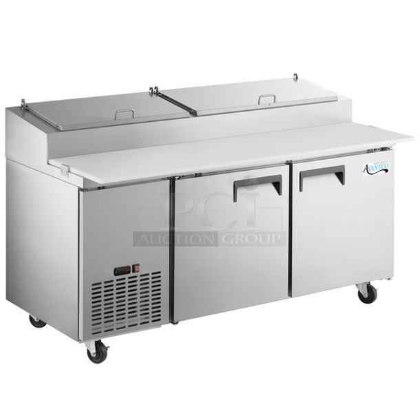 BRAND NEW SCRATCH AND DENT! 2023 Avantco 178APPT71HC Stainless Steel Commercial Pizza Prep Table on Commercial Casters. 115 Volts, 1 Phase. Tested and Powers On But Does Not Get Cold