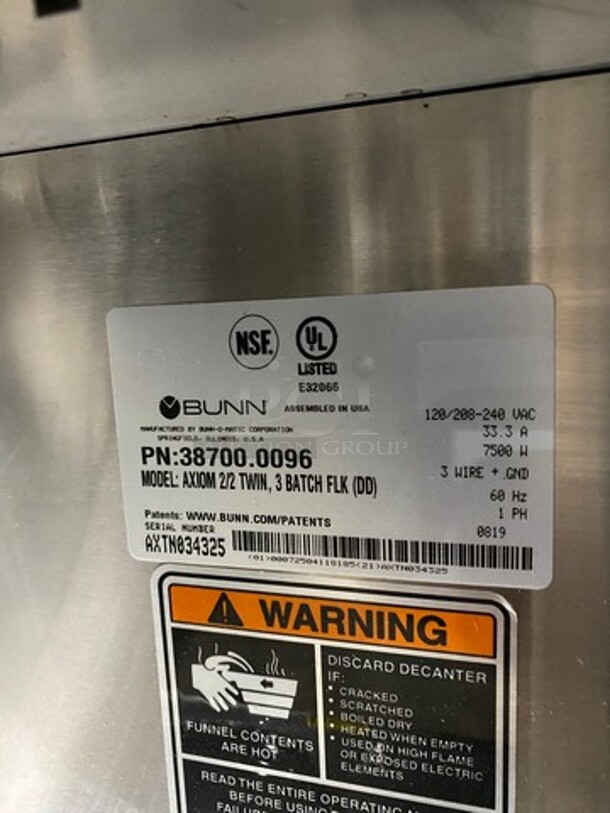 Bunn Commercial Countertop Dual Coffee Brewing Machine! With 4 Coffee Pot Warming Stations! All Stainless Steel! On Small Legs! Model: AXIOM2/2TWIN SN: AXTN034325 120/208/240V 60HZ 1 Phase - Image 8 of 9