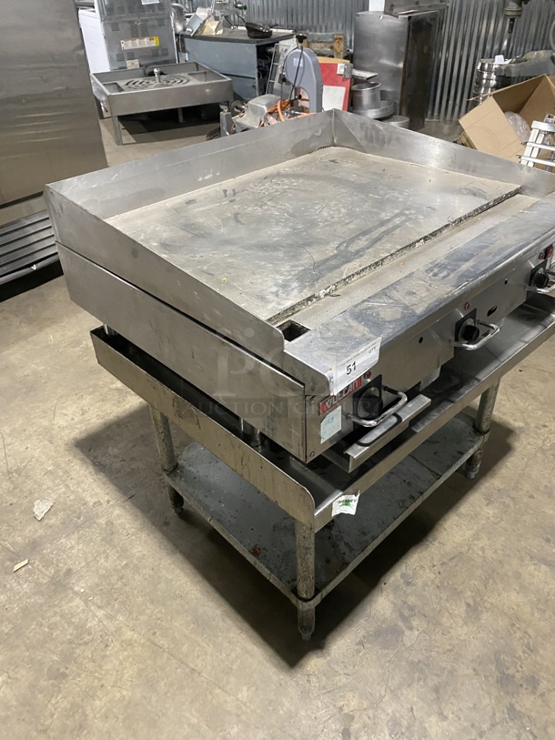 Nice!  Vulcan Natural Gas Powered Thermostatic Controlled Polished Top Flat Griddle!  On Equipment Stand! On Casters! Working when Removed! - Image 3 of 9