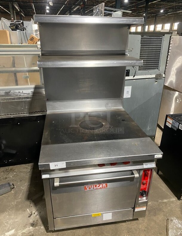 Vulcan Commercial French Top/ Hot Plate Stove! With Raised Back Splash With Double Overhead Shelf! With Oven Underneath! All Stainless Steel! On Legs! MODEL GH30 SN:481609310