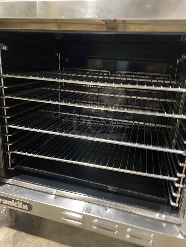 Sweet! Franklin Gas Powered Double Stacked 6/13 Series Convection Oven W/ One View Through &  Solid Doors! With Metal Oven Racks and Thermostatic Controls! On Commercial Casters! Working When Removed! 2 X Your Bid Makes One Unit! - Image 6 of 9