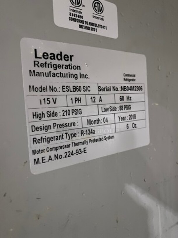LATE MODEL! 2018 Leader Commercial 2 Door Lowboy/Worktop Cooler! With Poly Coated Racks! All Stainless Steel! On Casters! Model: ESLB60SC SN: NB04M2306 115V 60HZ 1 Phase - Image 7 of 10
