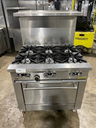 Sunfire Commercial Natural Gas Powered 6 Burner Stove! With Raised Back Splash And Salamander Shelf! With Oven Underneath! All Stainless Steel! On Casters!