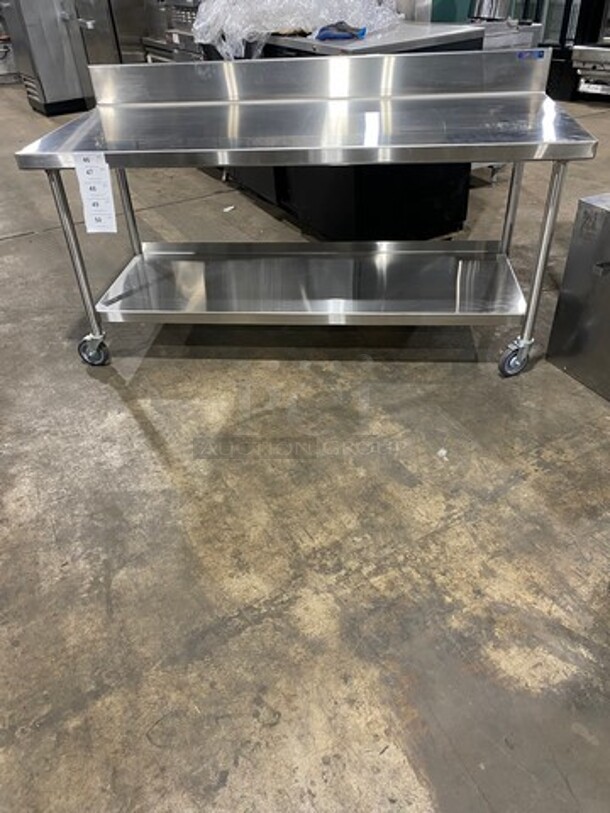 NEW! Emi Solid Stainless Steel Work Top/ Prep Table! With Back Splash! HEAVY GAGE! With Storage Space Underneath! On Casters!