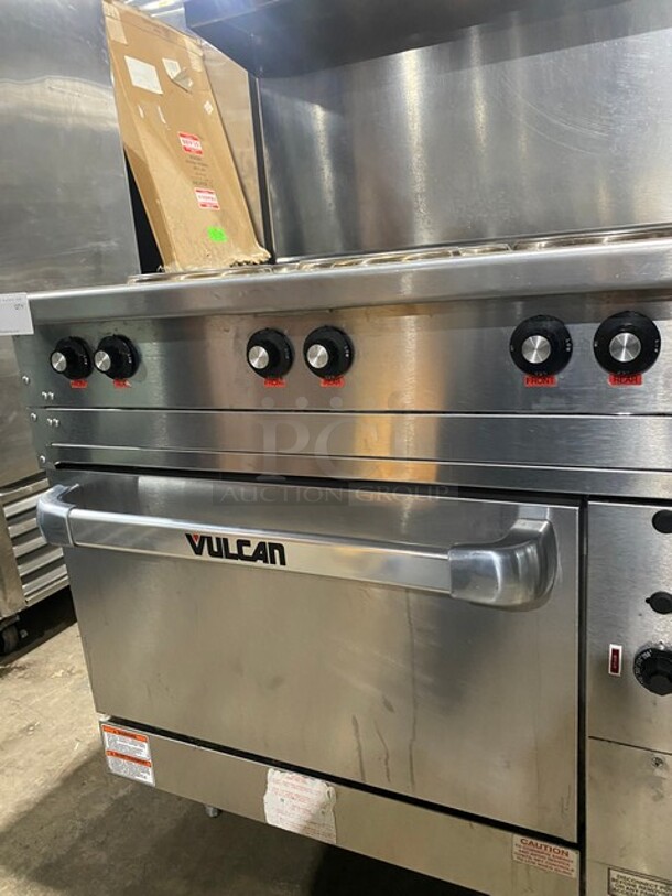 Vulcan Stainless Steel Commercial Electric Powered 6 Burner Hot Plate Range w/ Oven, Over Shelf and Back Splash! On Legs! MODEL EV36S-6FP480 SN: 650091879 480V 3/1PH  - Image 7 of 11