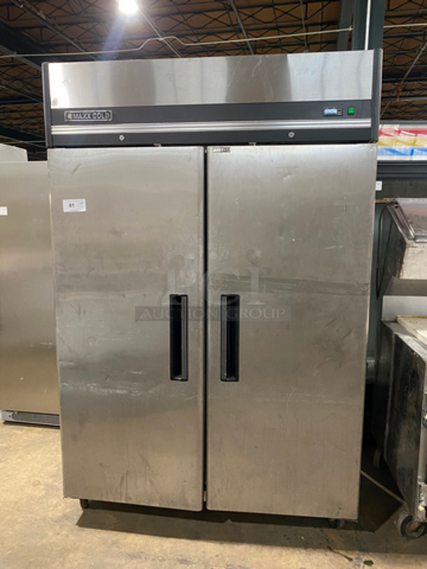 COOL! Maxx Cold Commercial 2 Door Reach In Freezer! Solid Stainless Steel! On Casters! Model: MXCF49FD SN: 7015088 115V 60HZ 1 Phase
