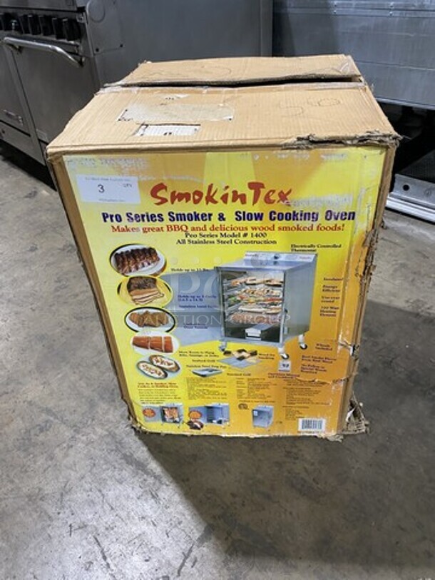 BRAND NEW IN THE BOX! Smokin Tex Electric Powered Insulated Pro Series Smoker/Slow Cooking Oven! Model 1400! Real Wood Flavor! 110V 1 Phase! On Casters!