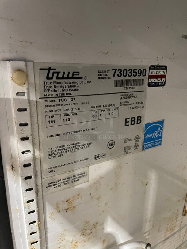 True Commercial Single Door Refrigerated Lowboy/Worktop Cooler! With Poly Coated Rack! All Stainless Steel! On Casters! 115V 1 Phase! Model: TUC-27 SN: 7303590!
 - Image 6 of 7