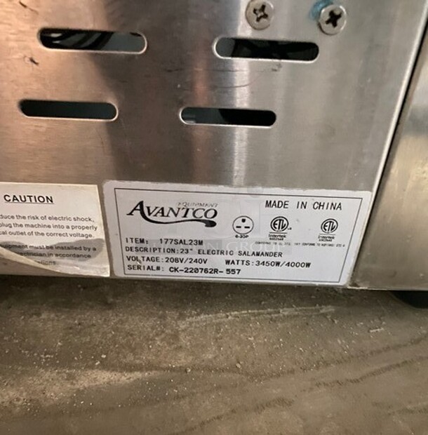 Avantco Stainless Steel 23" Commercial Countertop Electric Powered Salamander! MODEL 177SAL17M SN:CK220762R557 208/240V 1PH - Image 9 of 9