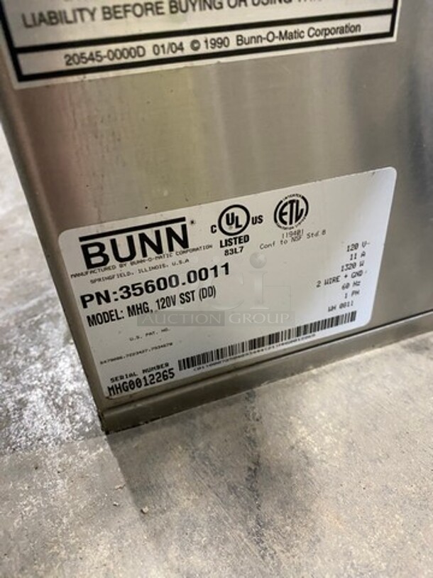 Bunn Commercial Countertop Dual Coffee Bean Grinder Machine! Stainless Steel Body! Model: MHG SN: MHG0012265 120V 60HZ 1 Phase - Image 8 of 9