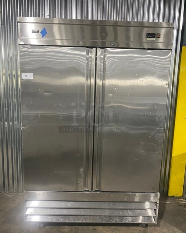 Summit Stainless Steel Commercial 2 Door Reach In Cooler w/ Poly Coated Racks on Commercial Casters! MODEL SCRR490 115V  - Image 1 of 11