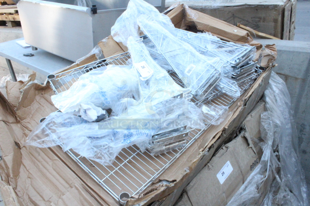 BRAND NEW SCRATCH & DENT! Regency 14" x 60" Chrome Wire Wall Mount Shelf W/ Mounting Bracket Kits. Packaging is damaged. (2) Wire Shelf, (6) Mounting Kits. Some small pieces may be missing.   - Image 4 of 4