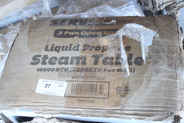 BRAND NEW SCRATCH & DENT!  ServIt GST-3WE-LP Three Pan Open Well Liquid Propane Steam Table with Undershelf - 10,500 BTU. Box is damaged. May be missing parts.  - Image 2 of 4