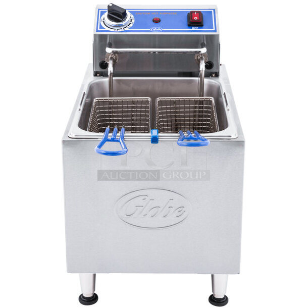 BRAND NEW SCRATCH AND DENT! 2021 Globe PF16E Stainless Steel Commercial Countertop Electric Powered Fryer w/ 2 Fry Basket. 120 Volts, 1 Phase.