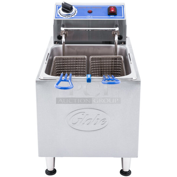 BRAND NEW SCRATCH AND DENT! 2021 Globe PF16E Stainless Steel Commercial Countertop Electric Powered Fryer w/ 2 Fry Basket. 120 Volts, 1 Phase. - Image 1 of 4