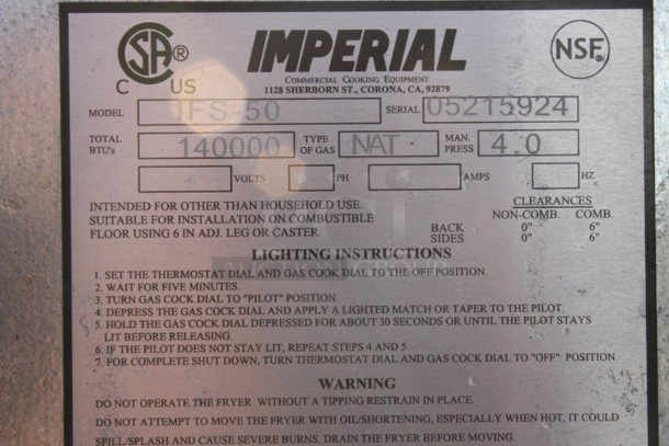 Imperial Range IFS-50NG Natural Gas 50 lb. Tube Fired Fryer - 140,000 BTU. Unit appears to have been used. S/N: 05215924 - Image 7 of 7
