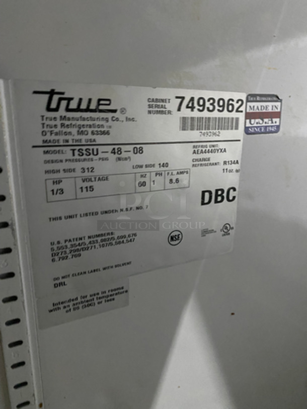 NICE! True Commercial Refrigerated Sandwich Prep Table! With 2 Door Underneath Storage Space! All Stainless Steel! On Casters! Model: TSSU4808 SN: 7493962 115V 60Hz 1 Phase - Image 7 of 9