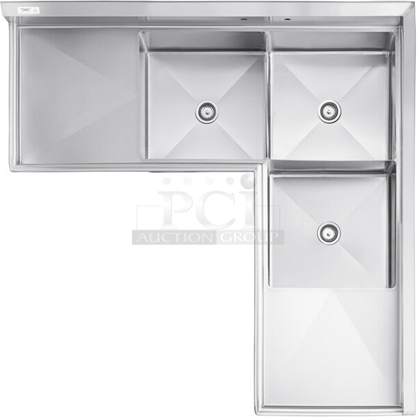 BRAND NEW SCRATCH & DENT! Regency 74 1/2" 16 Gauge Stainless Steel Three Compartment Commercial Corner Sink with Two Drainboards - 24" x 24" x 14" Bowls - Minor Dents - Image 2 of 4