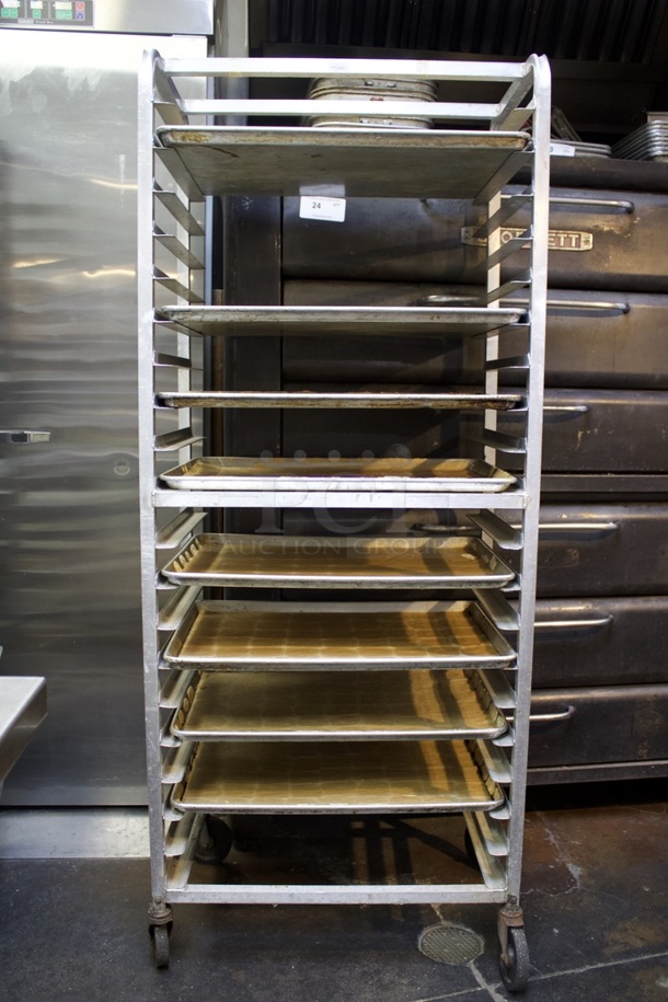 NICE! 20 Pan End Load Bun / Sheet Pan Rack On Commercial Casters - Assembled With 8 Sheet Pans. 