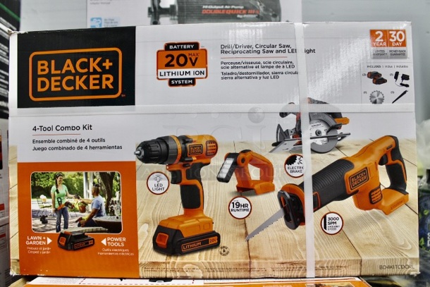 BLACK & DECKER LOT! (1) Black + Decker 20V LITHIUM ION Drill/Driver + Reciprocating Saw Attachment, (2) Black & Decker 4 Tool Combo Kit Drill/Driver, Circular Saw, Reciprocating Saw & LED Light - 20v Lithium Ion. 3x Your Bid - Image 1 of 2