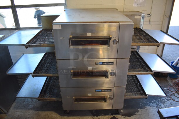 3 Lincoln Impinger 1622-000-U-K1819 Stainless Steel Commercial Electric Powered Conveyor Pizza Oven on Commercial Casters. New Elements Were Installed In All Decks 2 Years Prior To Removal. New Control Module Was Installed on the Bottom Deck 1 Week Prior to Removal. 120/208 Volts, 3 Phase. 80x62x67. 3 Times Your Bid! Pulled From a Working Environment!