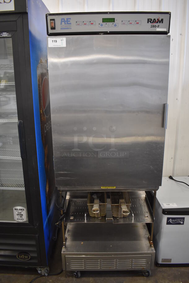 Automated Equipment RAM 280-F Stainless Steel Commercial Floor Style Frozen Fry Dispenser w/ 2 Metal Fry Baskets on Commercial Casters. 115 Volts, 1 Phase. 29x31x75. Tested and Working!