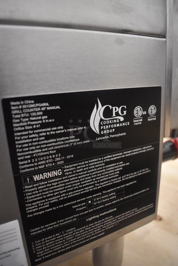 BRAND NEW SCRATCH AND DENT! CPG 48" 351CMCPG48NL Countertop Natural Gas Powered Griddle with Instructions and Regulator. 120,000 BTU - Image 5 of 5