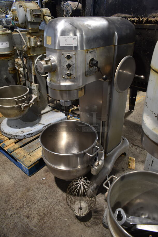 Hobart H-600-DT Metal Commercial Floor Style 60 Quart Planetary Dough Mixer w/ Stainless Steel Mixing Bowl and Whisk Attachment. 208 Volts, 3 Phase. 
