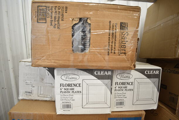 PALLET LOT of 29 BRAND NEW Boxes Including 707160HL Sabert Catering Pop-Top 14 3/8" Square Clear PET Hinged Lid for 160 oz. Square Bowl - 30/Case, 3 Box 347SP6CL Visions Florence 6" Square Clear Plastic Plate - 120/Case, 707801C Sabert Catering Pop-Top 80 oz. Clear PET One-Compartment Square Bowl - 50/Case, 2 Box 129MCR32B Choice 32 oz. Black Round Microwavable Heavy Weight Container with Lid 7 1/4" - 150/Case, 795PTOKFT1 Choice Kraft Microwavable Folded Paper #1 Take-Out Container 4 3/8" x 3 1/2" x 2 1/2" - 450/Case, 2 Box G4600XR Can Liners, 612P527 Choice 7" Clear Round Plastic Dome Lid - 500/Case, 3 Box 395SP08 EcoChoice Compostable Sugarcane / Bagasse 8" x 8" Square Plate - 400/Case, 7071602C Sabert Catering Pop-Top 160 oz. Clear PET Two-Compartment Square Bowl Set - 30/Case, 707802C Sabert Catering Pop-Top 80 oz. Clear PET Two-Compartment Square Bowl - 50/Case, HP4004743 Manitowoc Ice 4004743 Curtain, Water, Vac Form, 500CTOUT96 Choice 96 oz. Beverage Take-Out Container - 25/Case, 500TO883C3 Choice 8" x 8" x 3" Microwaveable 3-Compartment Black / Clear Plastic Hinged Container - 100/Case, 394360XL Noble Products Clear Powdered Disposable Vinyl Gloves for Foodservice - Extra Large - 1000/Case. 29 Times Your Bid! - Image 2 of 12