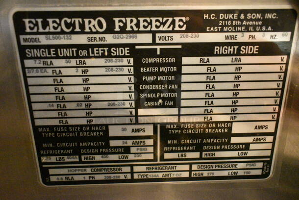 Electro Freeze SL500-132 Stainless Steel Commercial Floor Style Water Cooled 2 Flavor w/ Twist Soft Serve Ice Cream Machine on Commercial Casters. 208-230 Volts, 3 Phase. This Unit Was In Working Condition When the Restaurant Closed. (main dining room) - Image 4 of 10