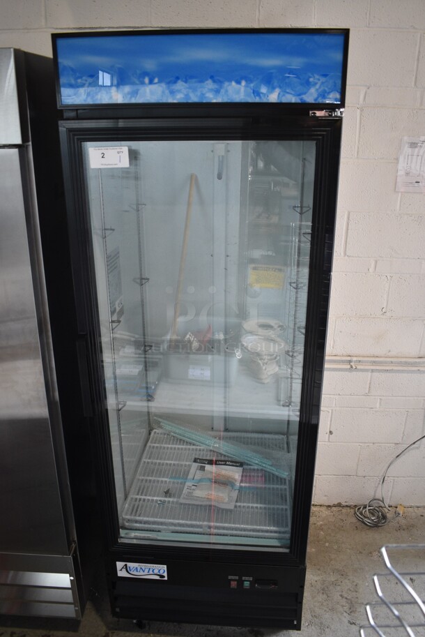 BRAND NEW SCRATCH AND DENT! Avantco Model 178GDC23HCB Metal Commercial Single Door Reach In Cooler Merchandiser w/ Poly Coated Racks on Commercial Casters. 115 Volts, 1 Phase. 28x33x84. Tested and Working!