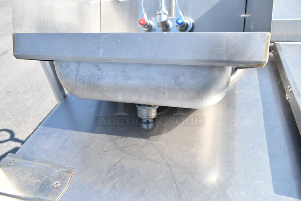 Stainless Steel Single Bay Wall Mount Sink w/ Faucet, Handles and Side Splash Guards.  - Image 5 of 6