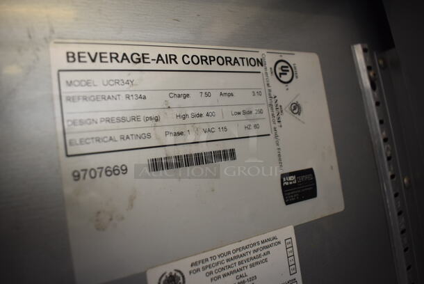 Stainless Steel Commercial Portable Shaved Ice Prep Station Stand w/ Beverage Air UCF20 Single Door Undercounter Freezer, Beverage Air UCR34Y 2 Door Cooler w/ Glass Top Case and Sneeze Guard on Commercial Casters. 208-250 Volts, 1 Phase. 85x30x73 - Image 9 of 12