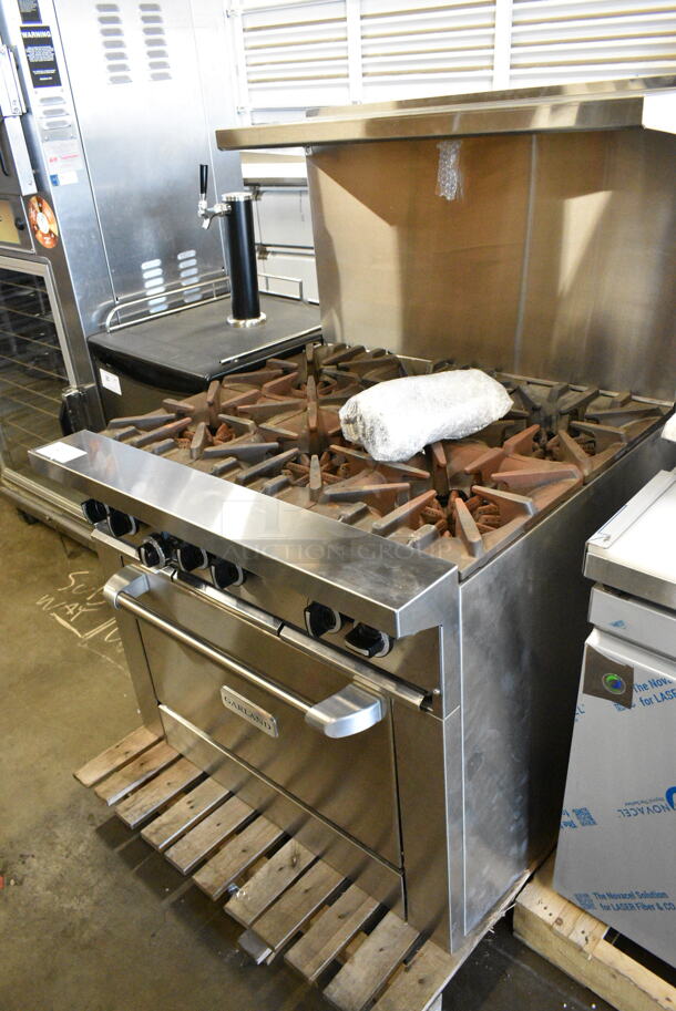 BRAND NEW SCRATCH AND DENT! 2024 Garland G36-6R Stainless Steel Commercial Natural Gas Powered 6 Burner Range w/ Oven, Over Shelf and Back Splash.  - Image 3 of 9