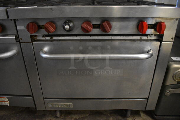Vulcan Stainless Steel Commercial Natural Gas Powered 6 Burner Range w/ Oven, Over Shelf and Back Splash on Commercial Casters. 36x30x59 - Image 5 of 7