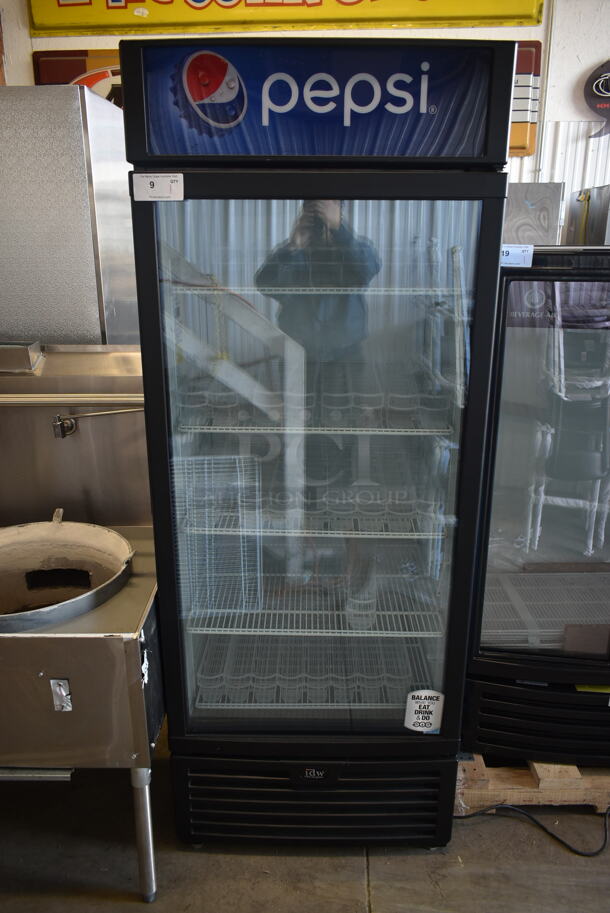 LIKE NEW! IDW G-26-C334B-HC ENERGY STAR Metal Commercial Single Door Reach In Cooler Merchandiser w/ Poly Coated Racks. 110-120 Volts, 1 Phase. Tested and Powers On But Does Not Get Cold
