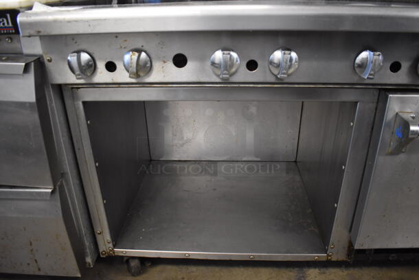 Imperial Stainless Steel Commercial Natural Gas Powered 6 Burner Range, Flat Top Griddle, Salamander Cheese Melter, Oven, Over Shelf and Back Splash on Commercial Casters. 60x31x73 - Image 7 of 8