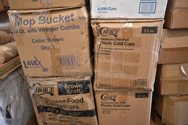 PALLET LOT of 40 BRAND NEW Boxes Including 2 Box 795PTOKFT1 Choice 4 5/8" x 3 1/2" x 2 1/2" Kraft Microwavable Folded Paper #1 Take-Out Container - 450/Case, 795PTOKFT3 Choice Kraft Microwavable Folded Paper #3 Take-Out Container 7 3/4" x 5 1/2" x 2 1/2" - 200/Case, 2 Box 500TW12 Choice 12 oz. Translucent Thin Wall Plastic Cold Cup - 1000/Case, 966UPWIDEB-500 OneUp Choice White Dispenser Napkin, 274MOPBCKTGY Lavex 35 Qt. Gray Mop Bucket & Side Press Wringer Combo, 129MCR32B Choice 32 oz. Black Round Microwavable Heavy Weight Container with Lid 7 1/4" - 150/Case, 1500100 Kari-Out Company 1/2 lb. Square Glassine Bag - 1000/Case, 3 Box 1/2 LB Glassine Bags, 433NHTBIO EcoChoice 1/6 Standard Size Biodegradable Standard-Duty Plastic T-Shirt Bag - 500/Case, 394403L Noble Large Gloves. 40 Times Your Bid! - Image 3 of 6